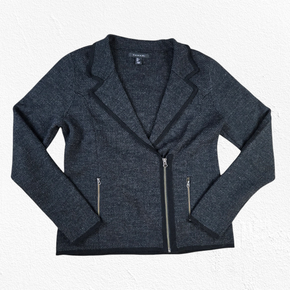 Tahari Gray Herringbone Asymmetrical Zip Wool Blend Moto Jacket Size Large - Picture 1 of 7